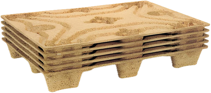 Five moulded presswood nestable pallets stacked into each other, showing the space-saving nesting profile.