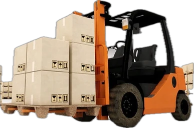 A forklift lifting a loaded presswood pallet stacked with boxed goods.